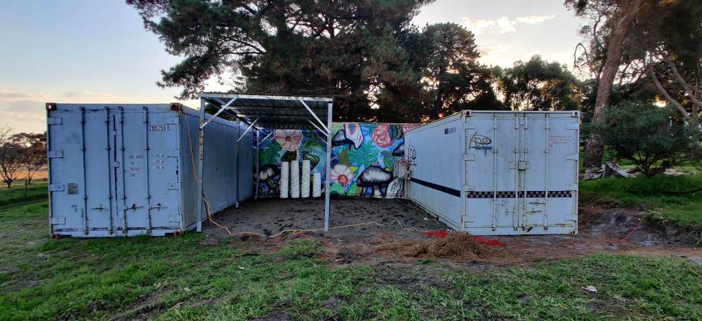 Three shipping containers equipped for mushroom farming on the Bellarine Peninsula